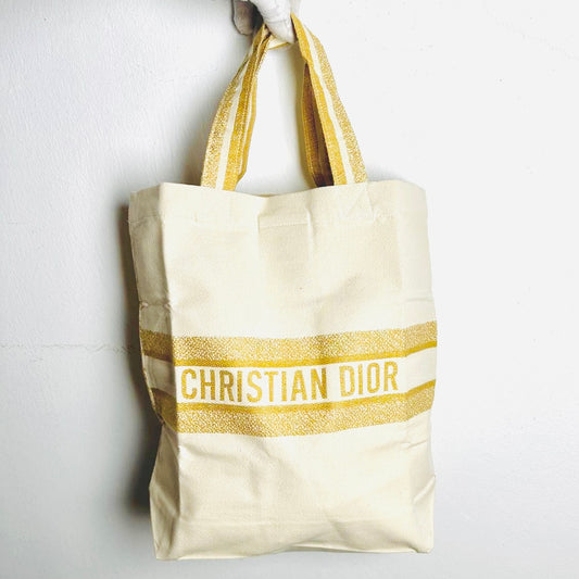 Christian Dior CD Beige / Gold Monogram Logo Floral Striped Shopper Shoulder Tote Bag