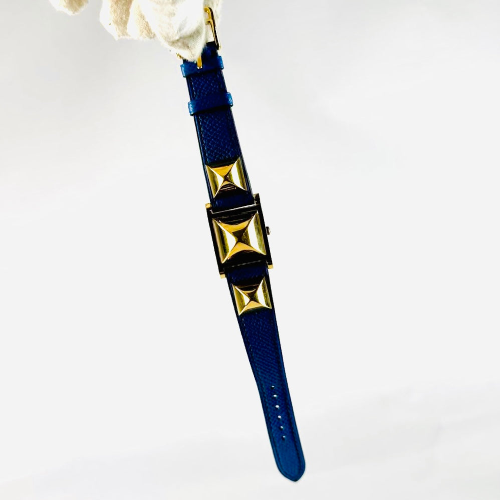 Hermes Medor Studded Blue & Gold GHW Stainless Steel Leather Strap 24MM Quartz Watch