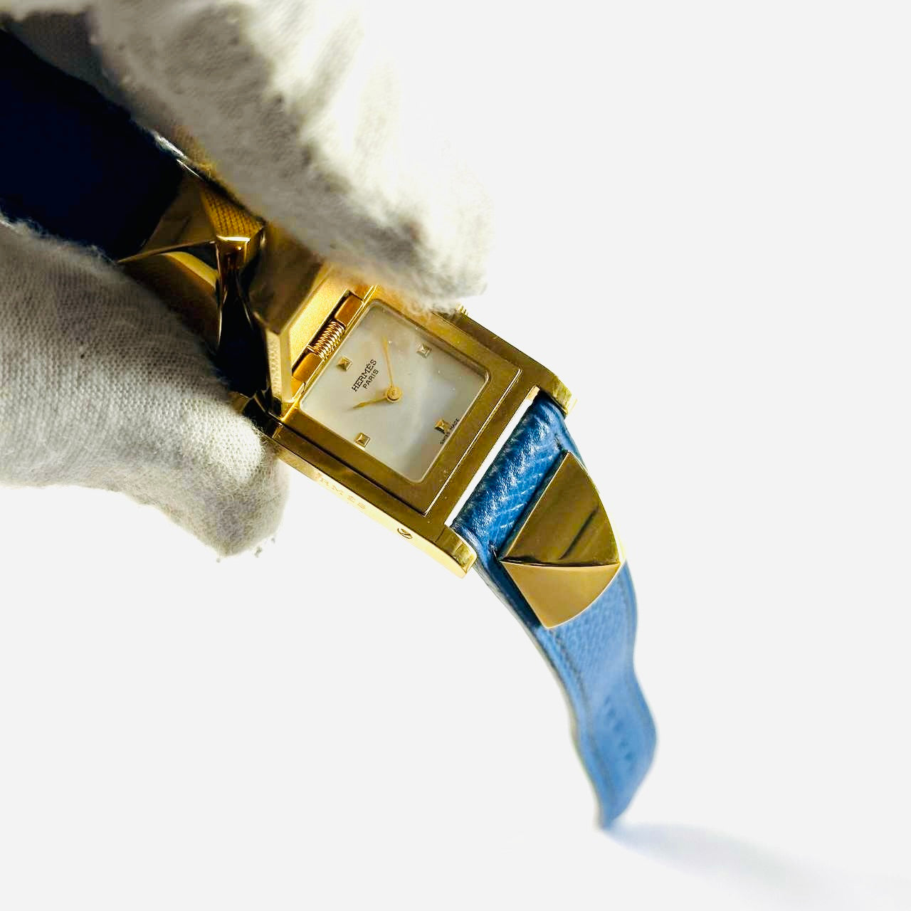 Hermes Medor Studded Blue & Gold GHW Stainless Steel Leather Strap 24MM Quartz Watch