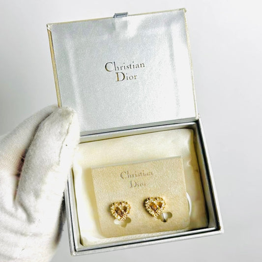 Christian Dior CD Monogram Logo Gold Signature Heart Crystals Clip On Earrings