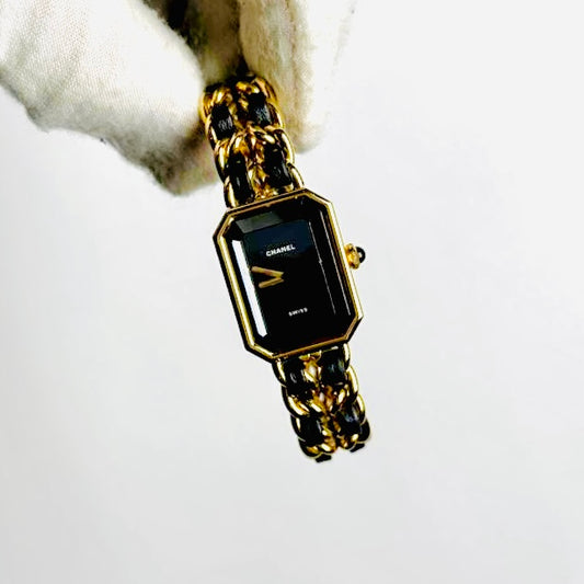 Chanel Black GHW CC Premiere Monogram Logo Black Rectangle Dial Quilted Matelasse Stainless Steel Chain Bracelet 20MM Quartz Watch Size M