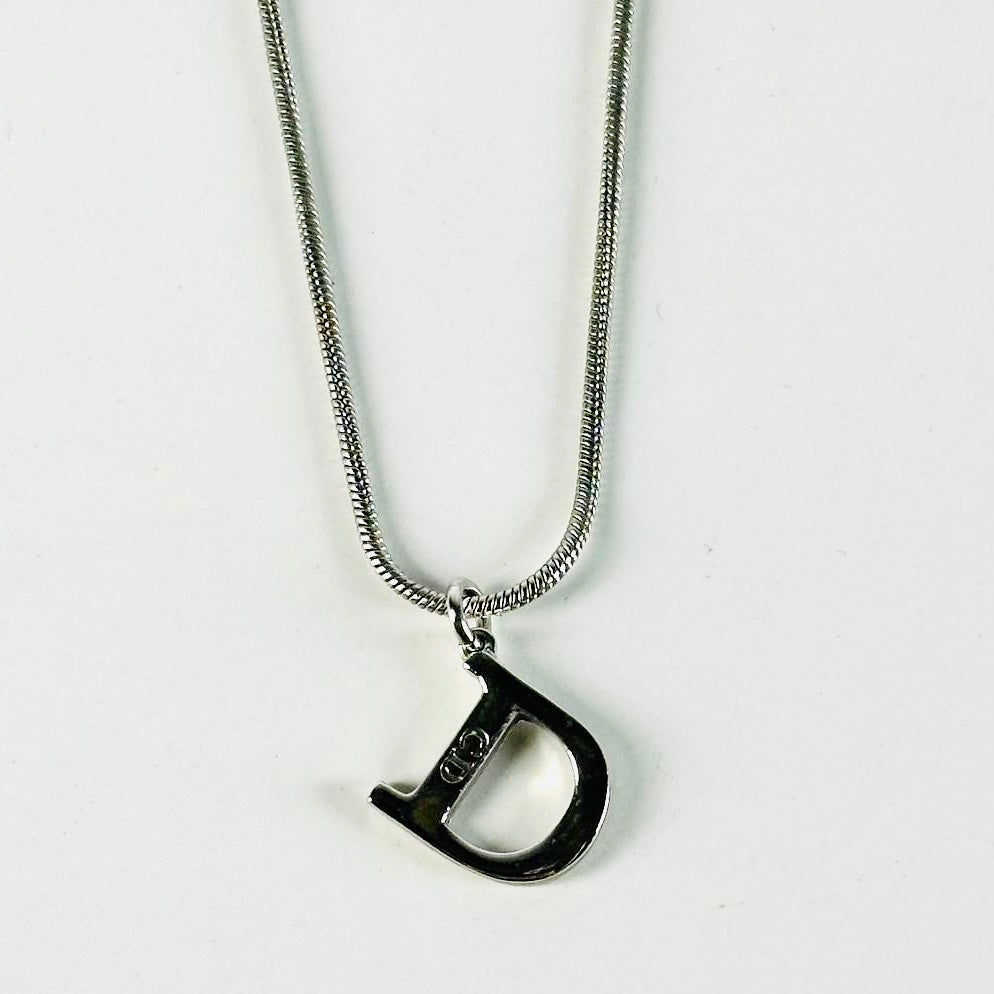 Christian Dior CD Giant Monogram Logo Signature Silver Vintage Pendant Necklace