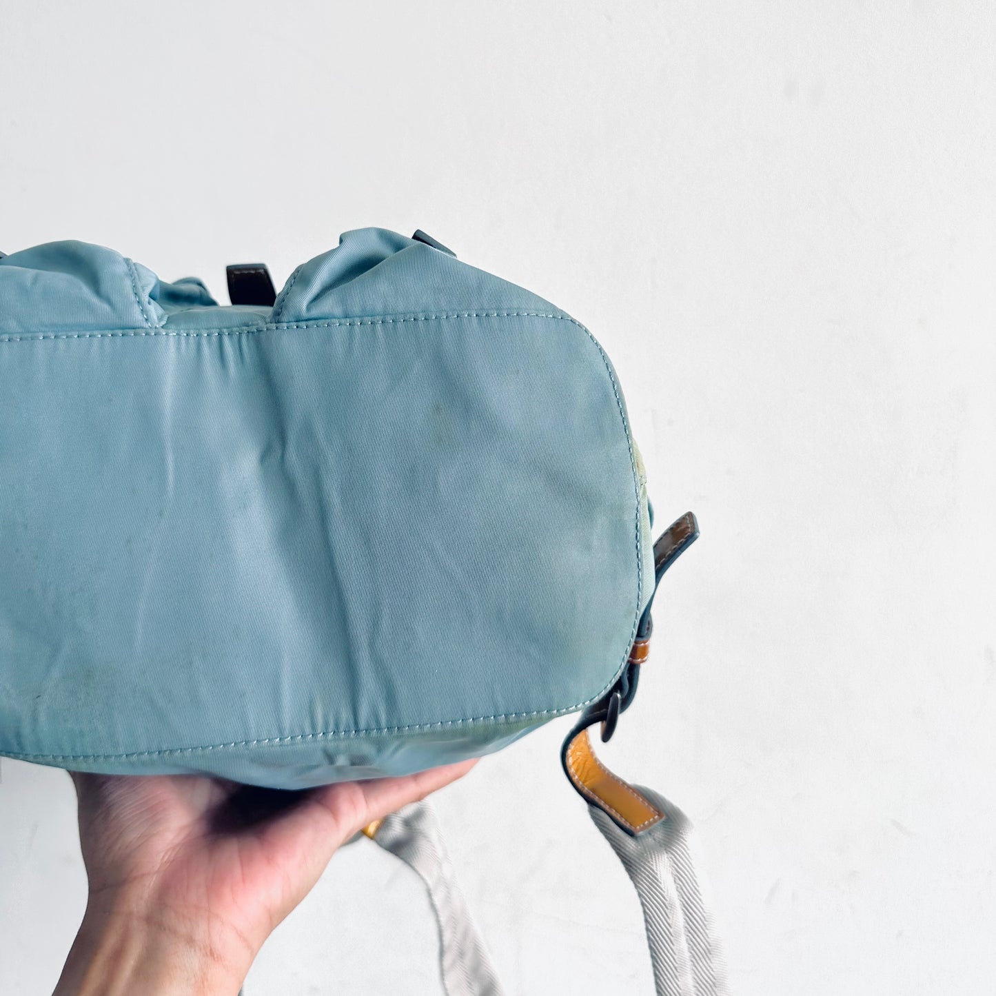 Prada Glacier Blue Tessuto Classic Logo Nylon & Leather Backpack Drawstring Bag