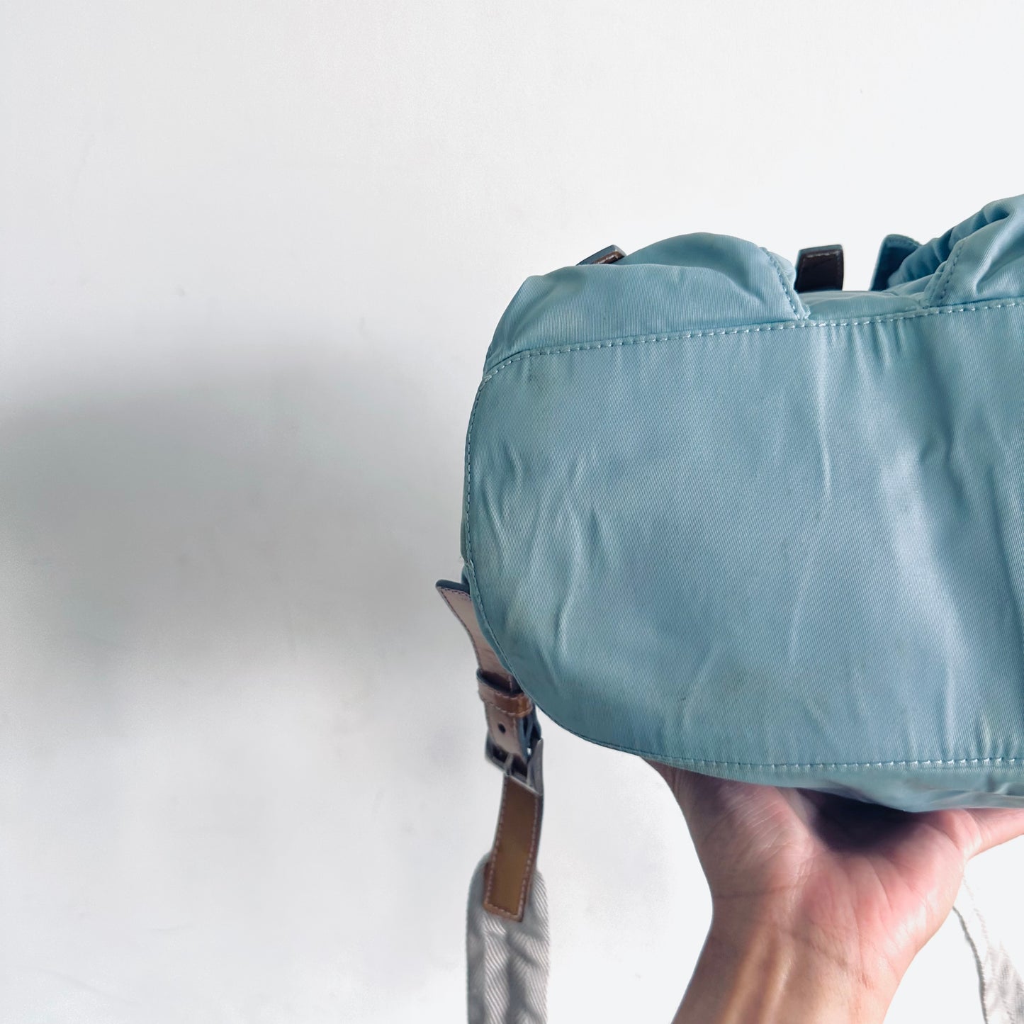 Prada Glacier Blue Tessuto Classic Logo Nylon & Leather Backpack Drawstring Bag