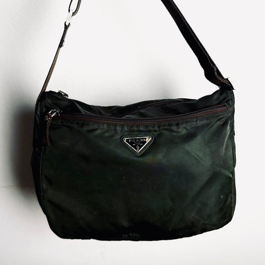 Prada Khaki Vela Nylon & Leather Monogram Logo Camera Shoulder Sling Bag