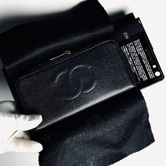Chanel Black GHW CC Logo Caviar Vintage Zippy Zip Around Long Wallet 9s
