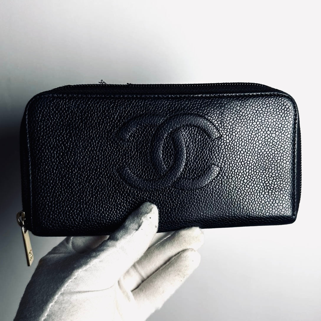 Chanel Black GHW CC Logo Caviar Vintage Zippy Zip Around Long Wallet 9s