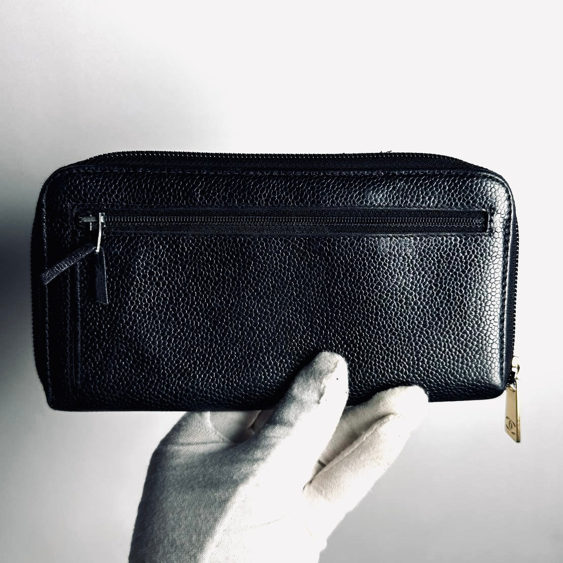 Chanel Black GHW CC Logo Caviar Vintage Zippy Zip Around Long Wallet 9s