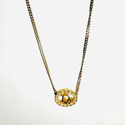 Christian Dior CD Gold Round Crystals Classic Pendant Monogram Logo Necklace