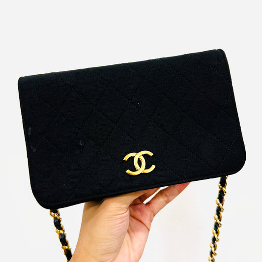 Chanel Black GHW CC Logo Small Single Full Flap Quilted Jersey Vintage Shoulder Sling Bag Pre Series