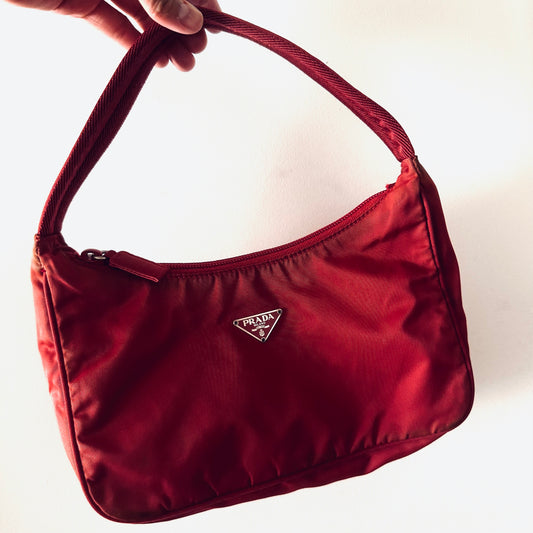 Prada Red Tessuto Monogram Logo Nylon Hobo Baguette Shoulder Bag