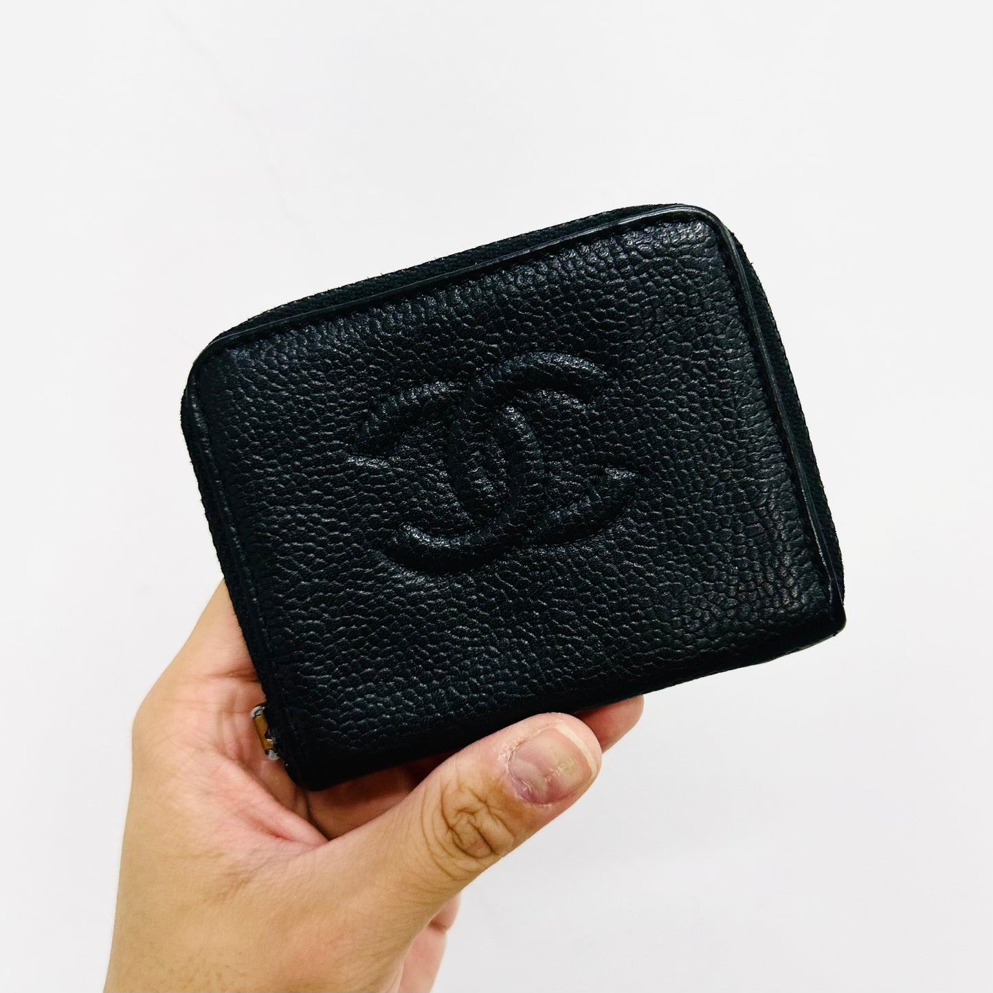 Chanel Black GHW Giant CC Monogram Logo Caviar Vintage Compact Zippy Zip Around Wallet 3s