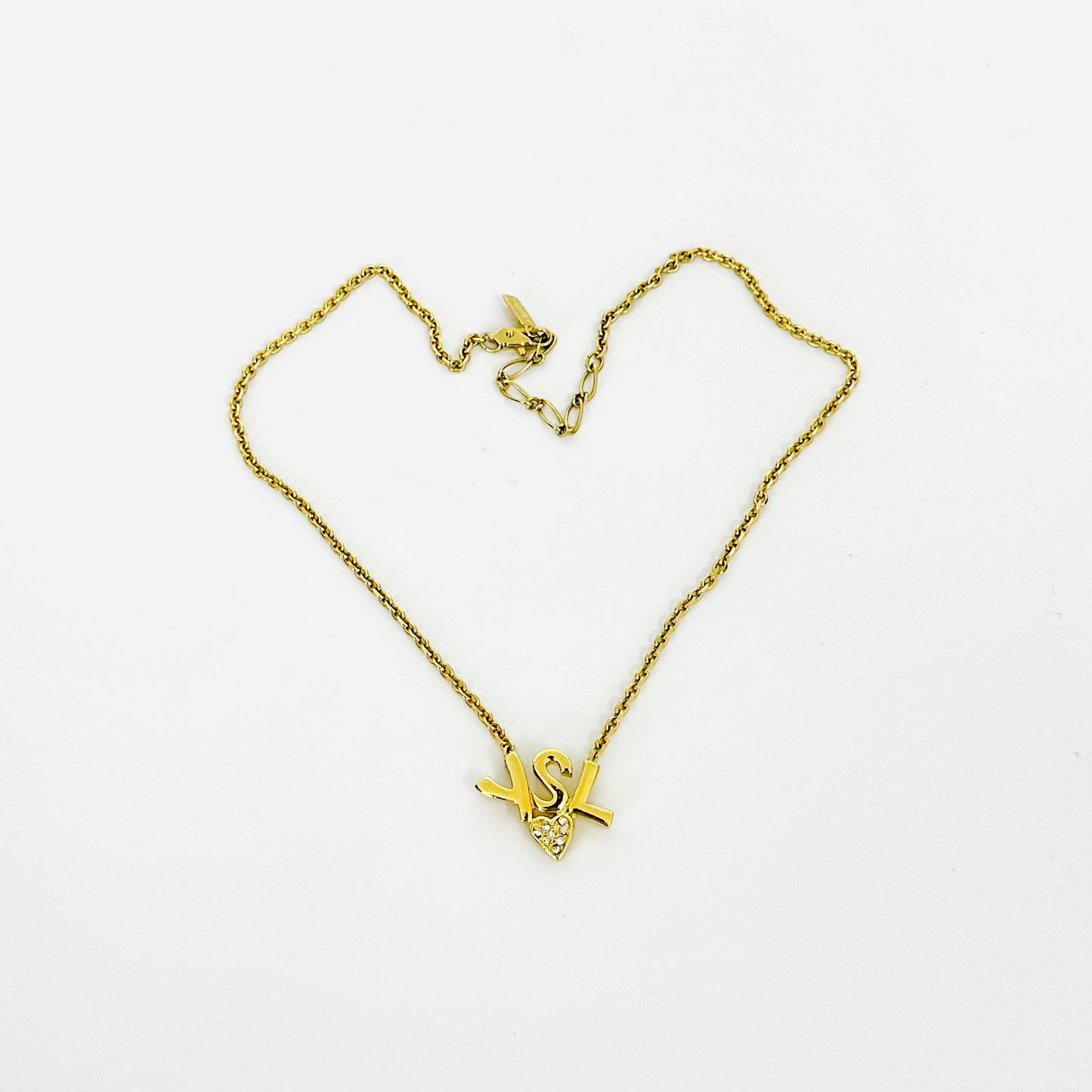 YSL Yves Saint Laurent Gold Monogram Logo & Crystal Heart Pendant Necklace