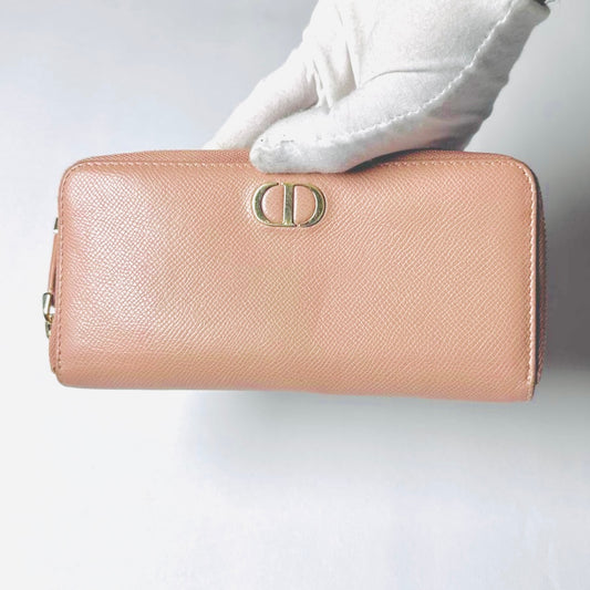Christian Dior CD 30 Montaigne Blush Pink GHW Grained Calfskin Monogram Logo Zippy Zip Around Long Wallet