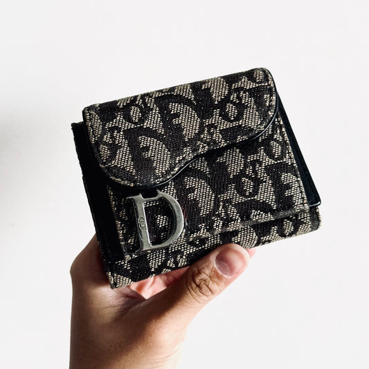 Christian Dior CD Dark Grey / Black Saddle Lotus Oblique Monogram Logo Flap Trifold Compact Wallet