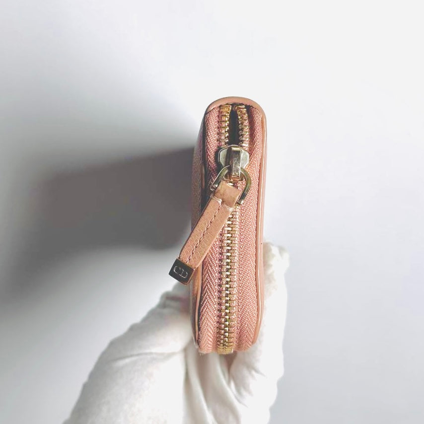 Christian Dior CD 30 Montaigne Blush Pink GHW Grained Calfskin Monogram Logo Zippy Zip Around Long Wallet