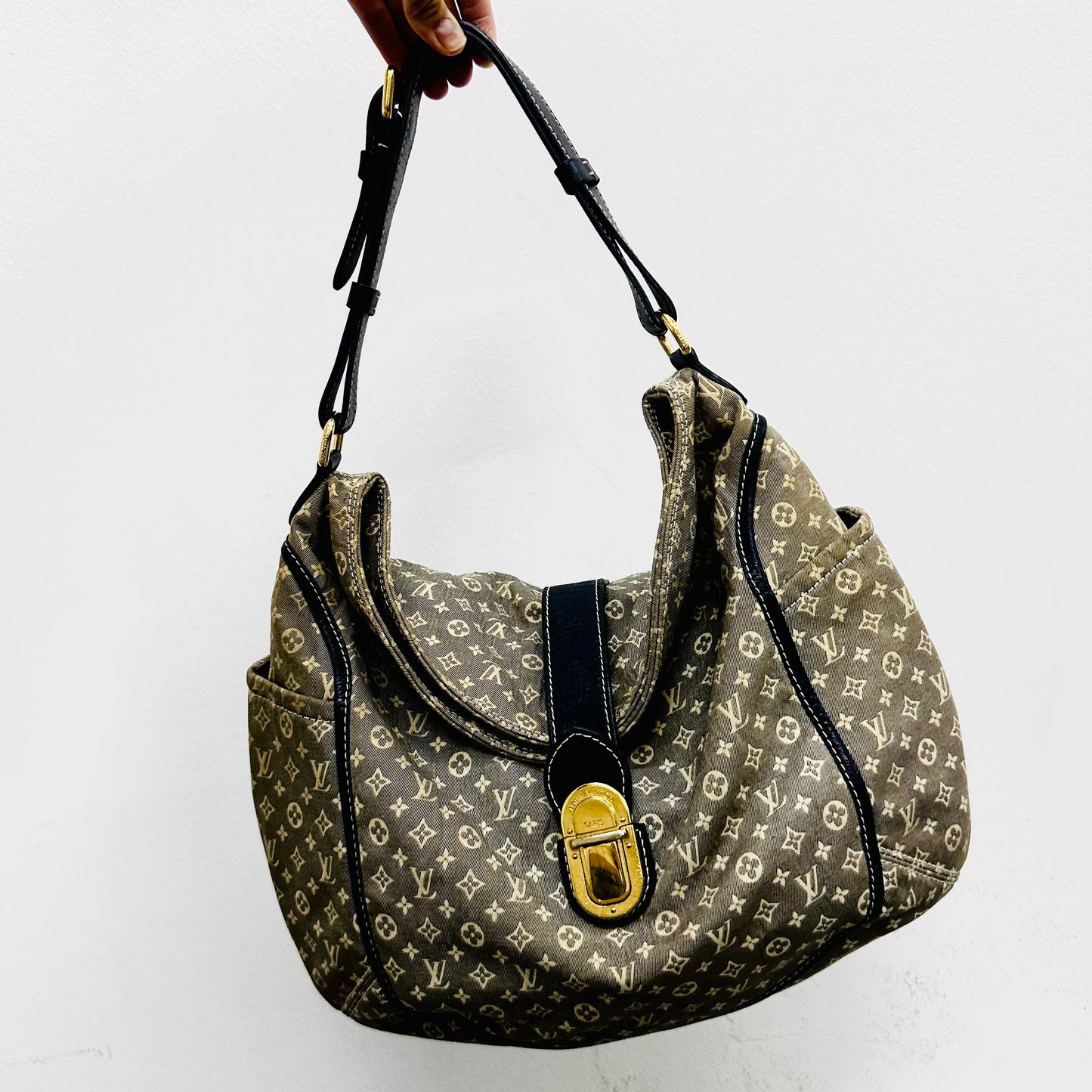 Louis Vuitton LV Idylle Romance Navy Blue Mini Lin Monogram Logo GHW Baguette Hobo Flap Shoulder Bag