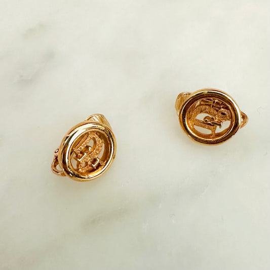 Christian Dior CD Gold Monogram Logo Signature Classic Clip On Vintage Earrings