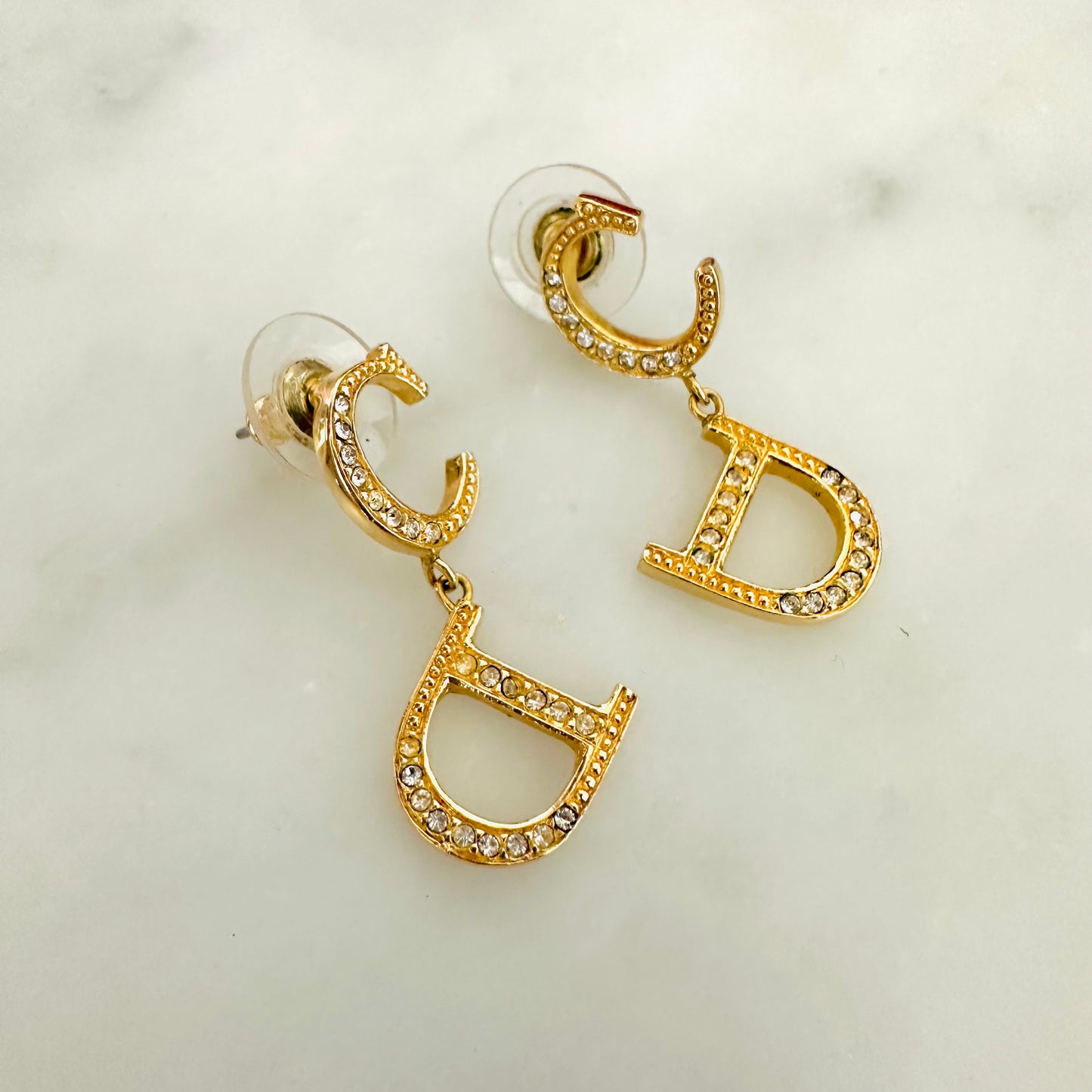 Christian Dior CD Giant Monogram Logo Gold and Crystals Stud Dangling Earrings
