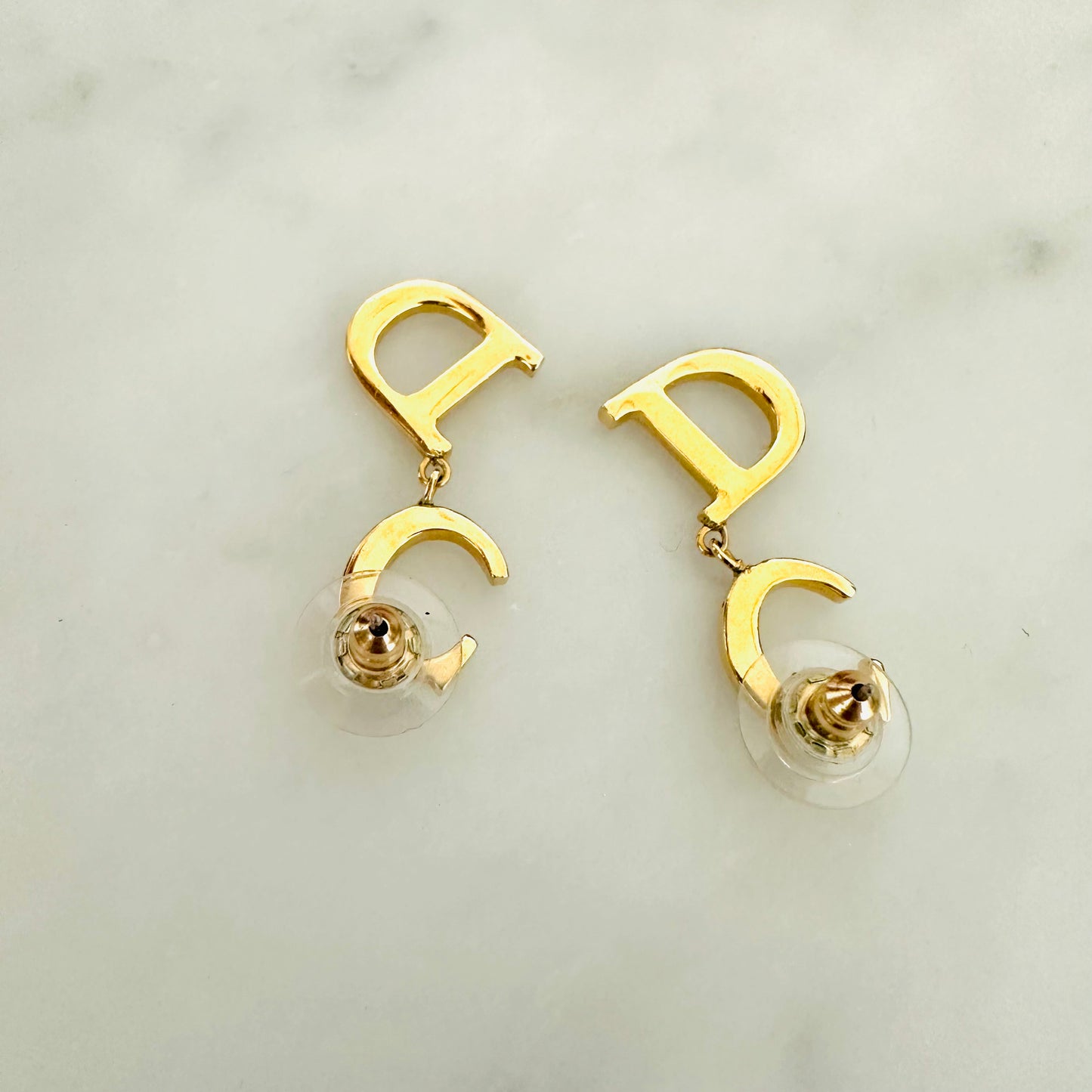 Christian Dior CD Giant Monogram Logo Gold and Crystals Stud Dangling Earrings