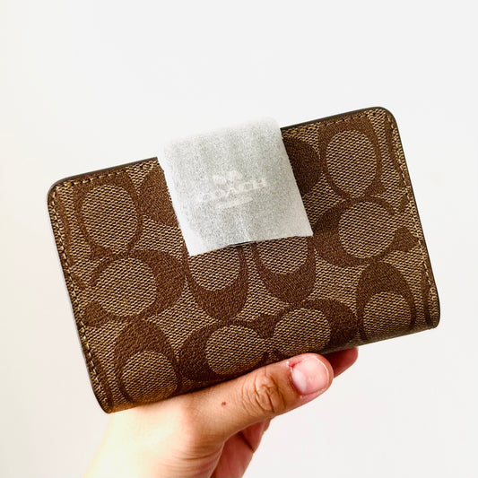 Coach Signature Brown Monogram Canvas / Leather Medium Corner Zip Around Zippy Flap Compact Bifold Wallet