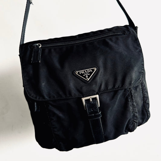 Prada Black Monogram Logo Classic Tessuto Nylon & Leather Flap Shoulder Sling Bag