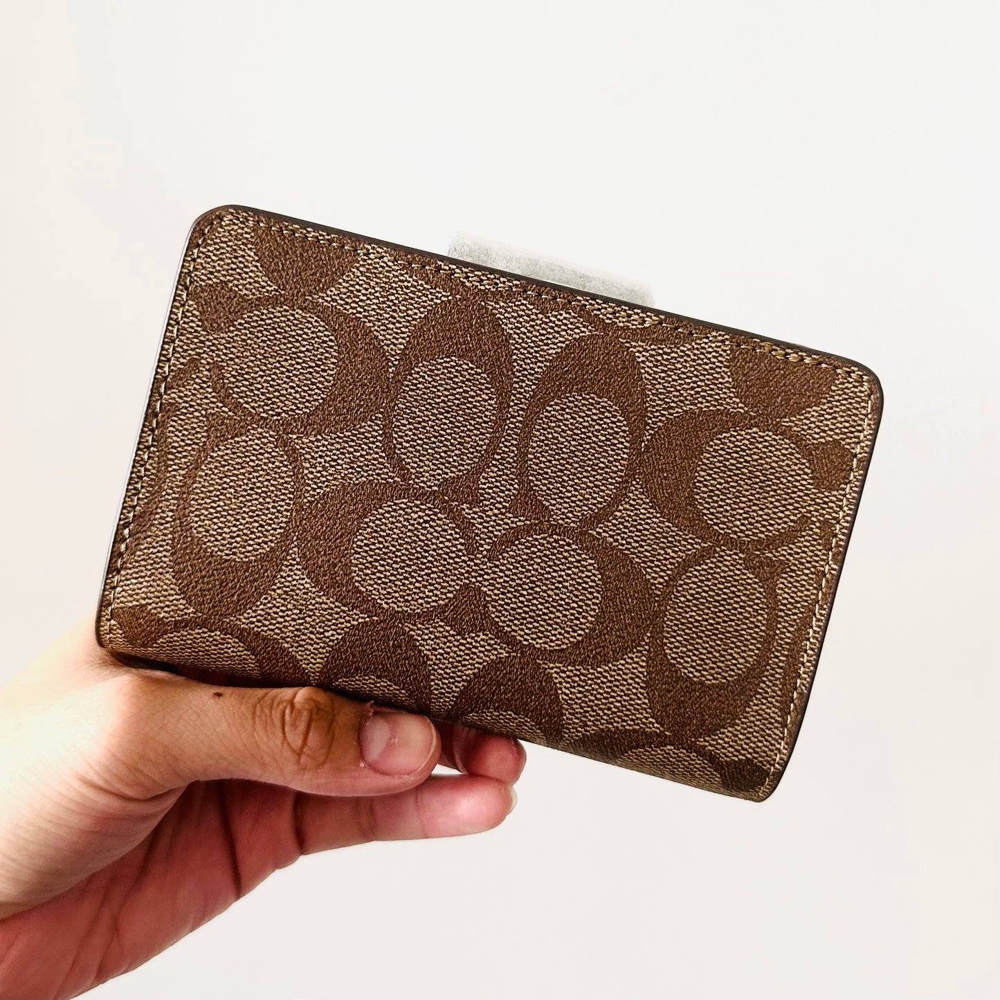 Coach Signature Brown Monogram Canvas / Leather Medium Corner Zip Around Zippy Flap Compact Bifold Wallet