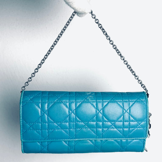 Christian Dior Turquoise Blue Lady Dior WOC CD Monogram Logo Quilted Cannage Lambskin Chain Long Flap Wallet On Chain