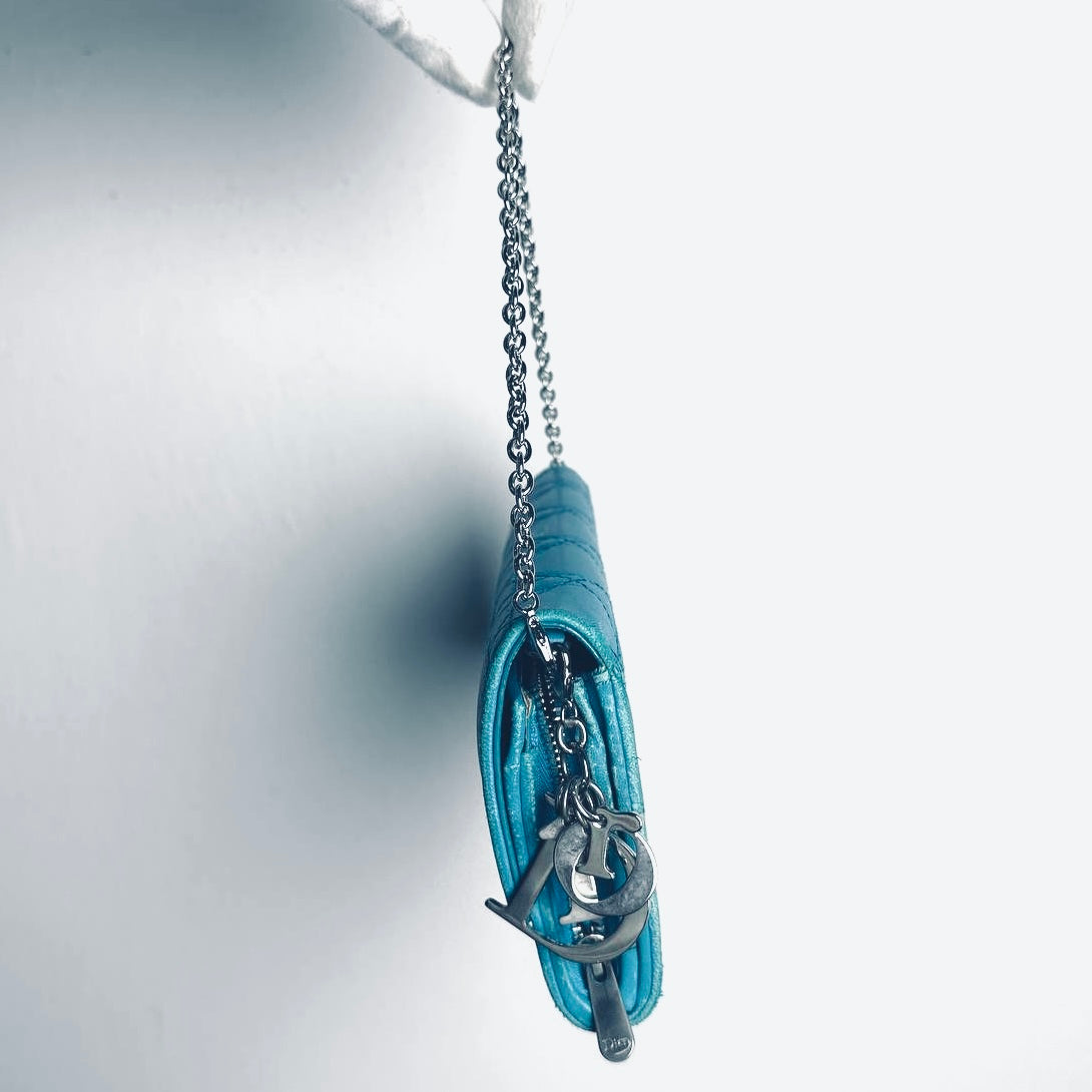 Christian Dior Turquoise Blue Lady Dior WOC CD Monogram Logo Quilted Cannage Lambskin Chain Long Flap Wallet On Chain