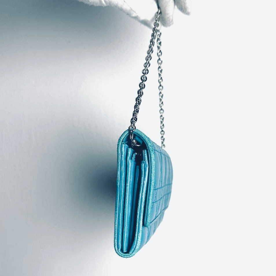 Christian Dior Turquoise Blue Lady Dior WOC CD Monogram Logo Quilted Cannage Lambskin Chain Long Flap Wallet On Chain