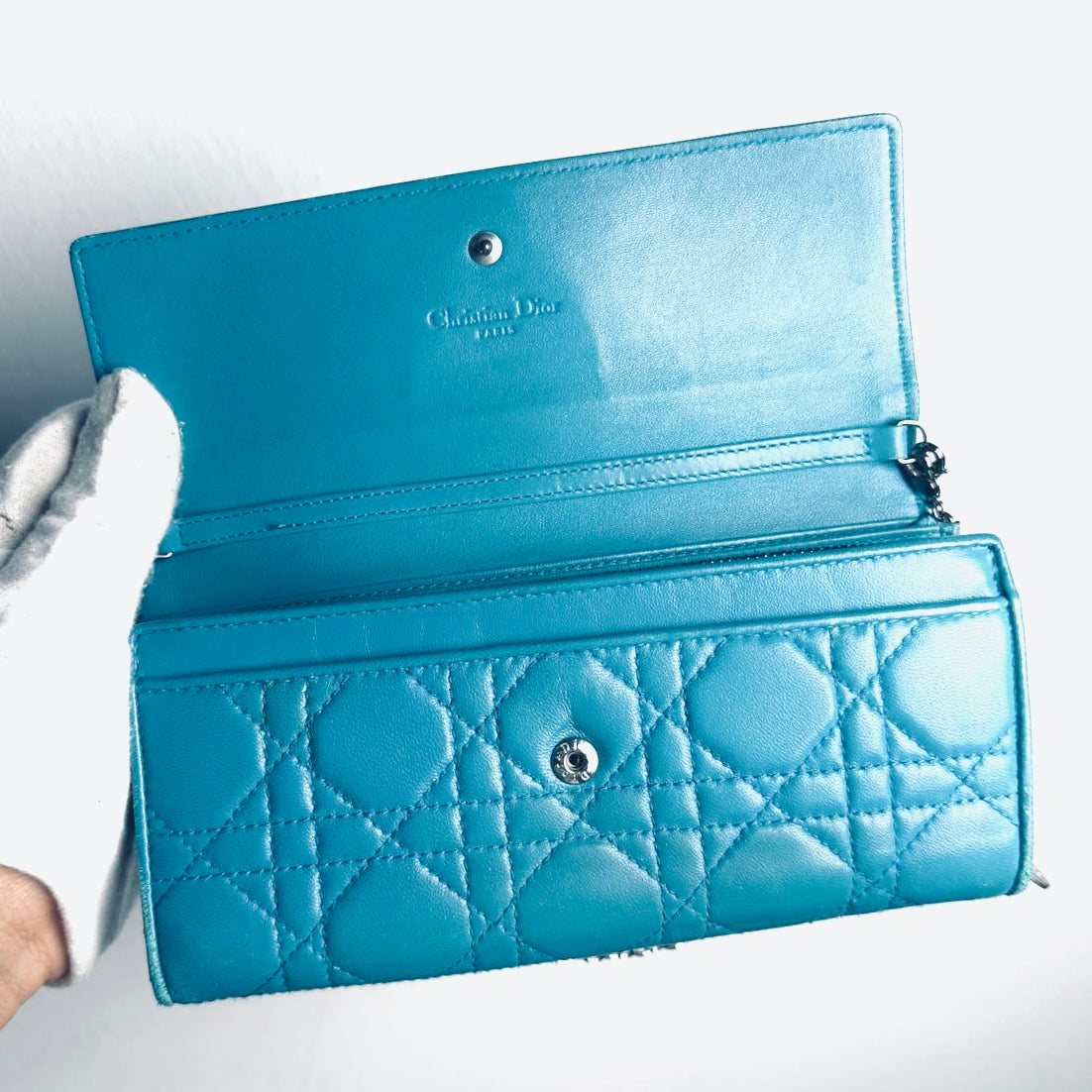 Christian Dior Turquoise Blue Lady Dior WOC CD Monogram Logo Quilted Cannage Lambskin Chain Long Flap Wallet On Chain