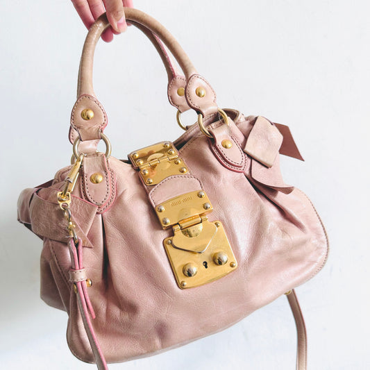 Miu Miu Blush Pink GHW Vitello Shine Bauletto Hobo Baguette Classic Logo 2-Way Shopper Shoulder Sling Tote Bag