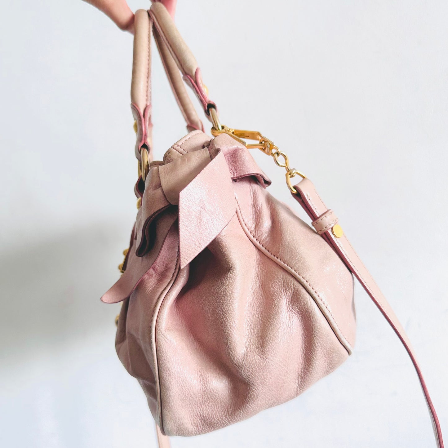 Miu Miu Blush Pink GHW Vitello Shine Bauletto Hobo Baguette Classic Logo 2-Way Shopper Shoulder Sling Tote Bag