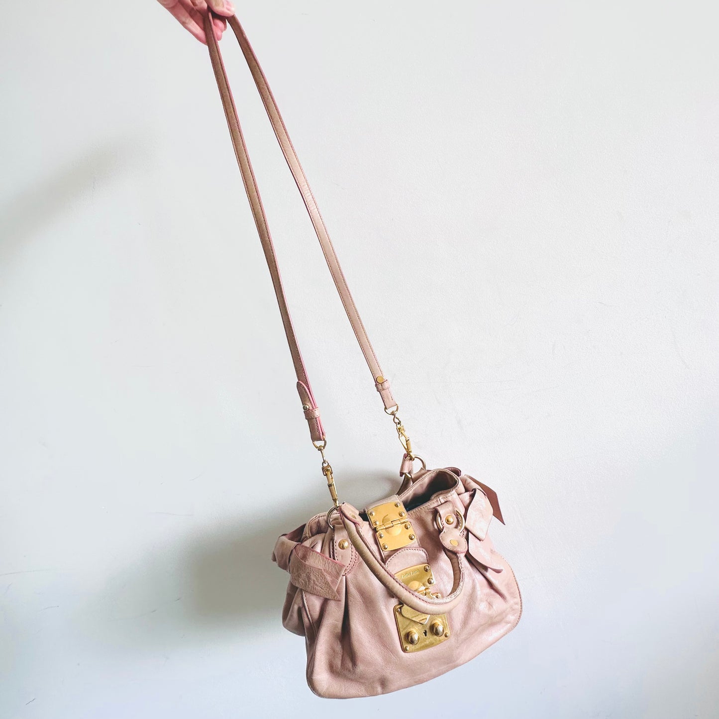Miu Miu Blush Pink GHW Vitello Shine Bauletto Hobo Baguette Classic Logo 2-Way Shopper Shoulder Sling Tote Bag