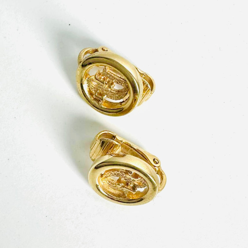 Christian Dior CD Monogram Logo Signature Gold Round Vintage Clip On Earrings
