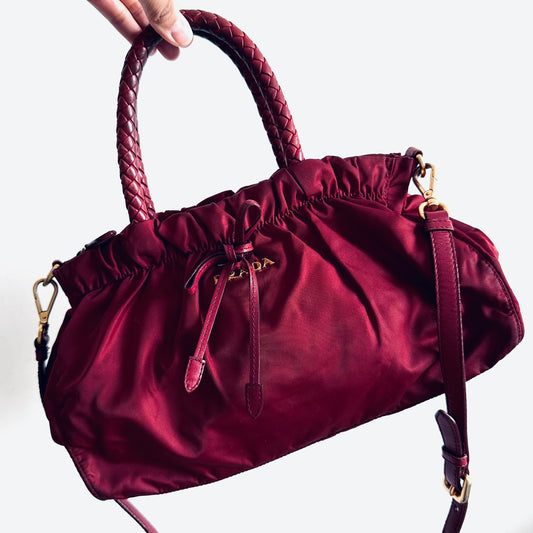 Prada Tessuto Dark Fuchsia GHW Bow Classic Logo Nylon & Leather 2-Way Shoulder Sling Tote Bag