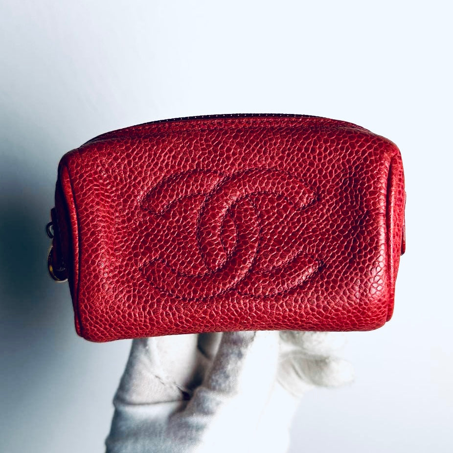 Chanel Red GHW Giant CC Monogram Logo Caviar Leather Small Zip Pouch Clutch Case