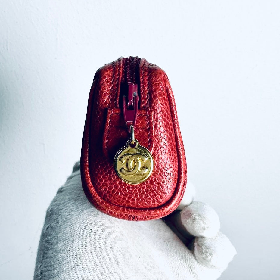 Chanel Red GHW Giant CC Monogram Logo Caviar Leather Small Zip Pouch Clutch Case