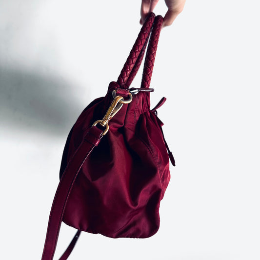 Prada Tessuto Dark Fuchsia GHW Bow Classic Logo Nylon & Leather 2-Way Shoulder Sling Tote Bag