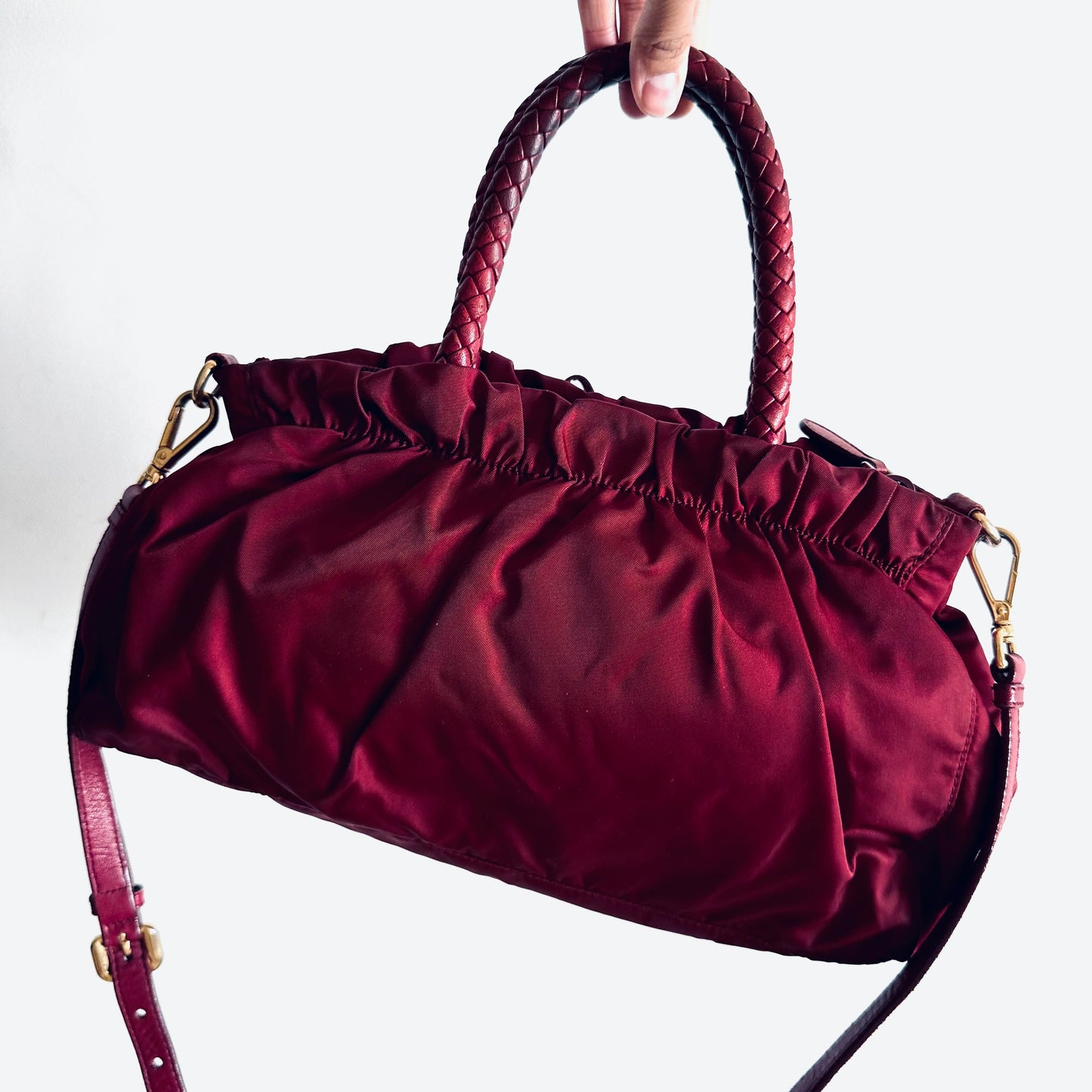 Prada Tessuto Dark Fuchsia GHW Bow Classic Logo Nylon & Leather 2-Way Shoulder Sling Tote Bag