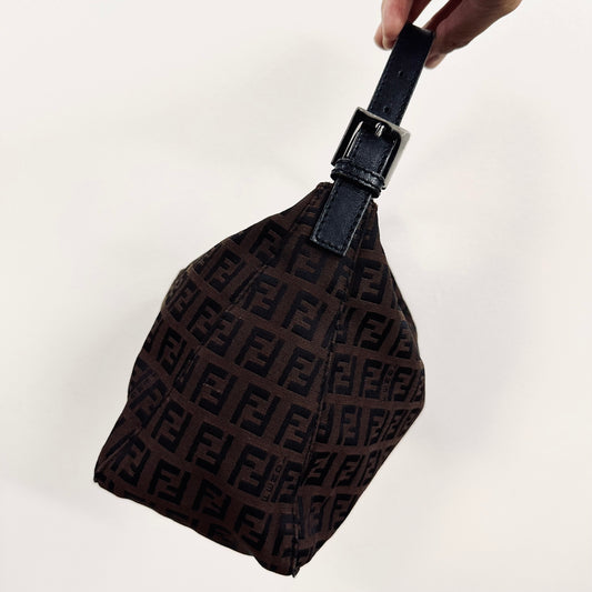 Fendi Dark Brown / Black FF Zucca Monogram Logo Small Pochette Baguette Hobo Shoulder Bag