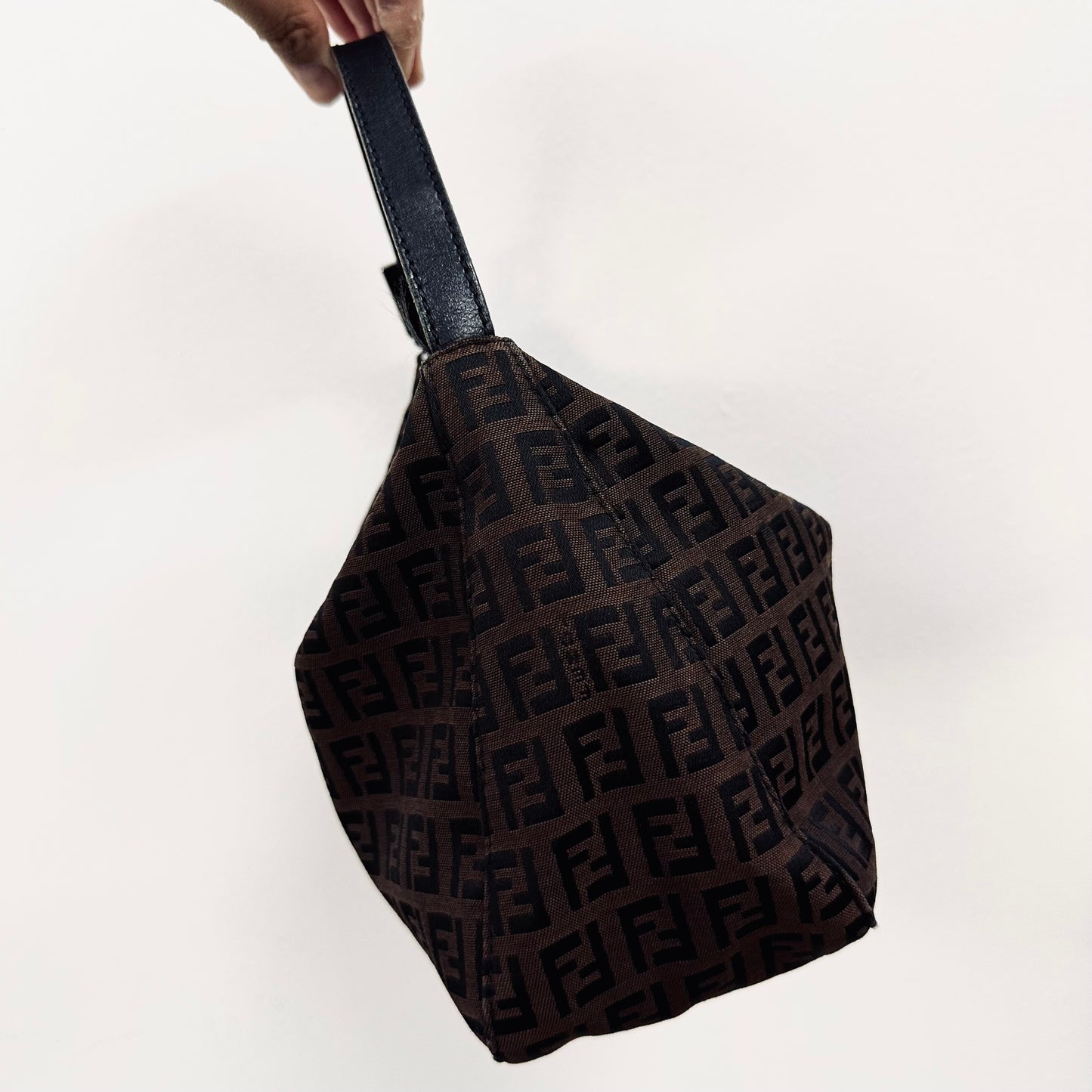 Fendi Dark Brown / Black FF Zucca Monogram Logo Small Pochette Baguette Hobo Shoulder Bag