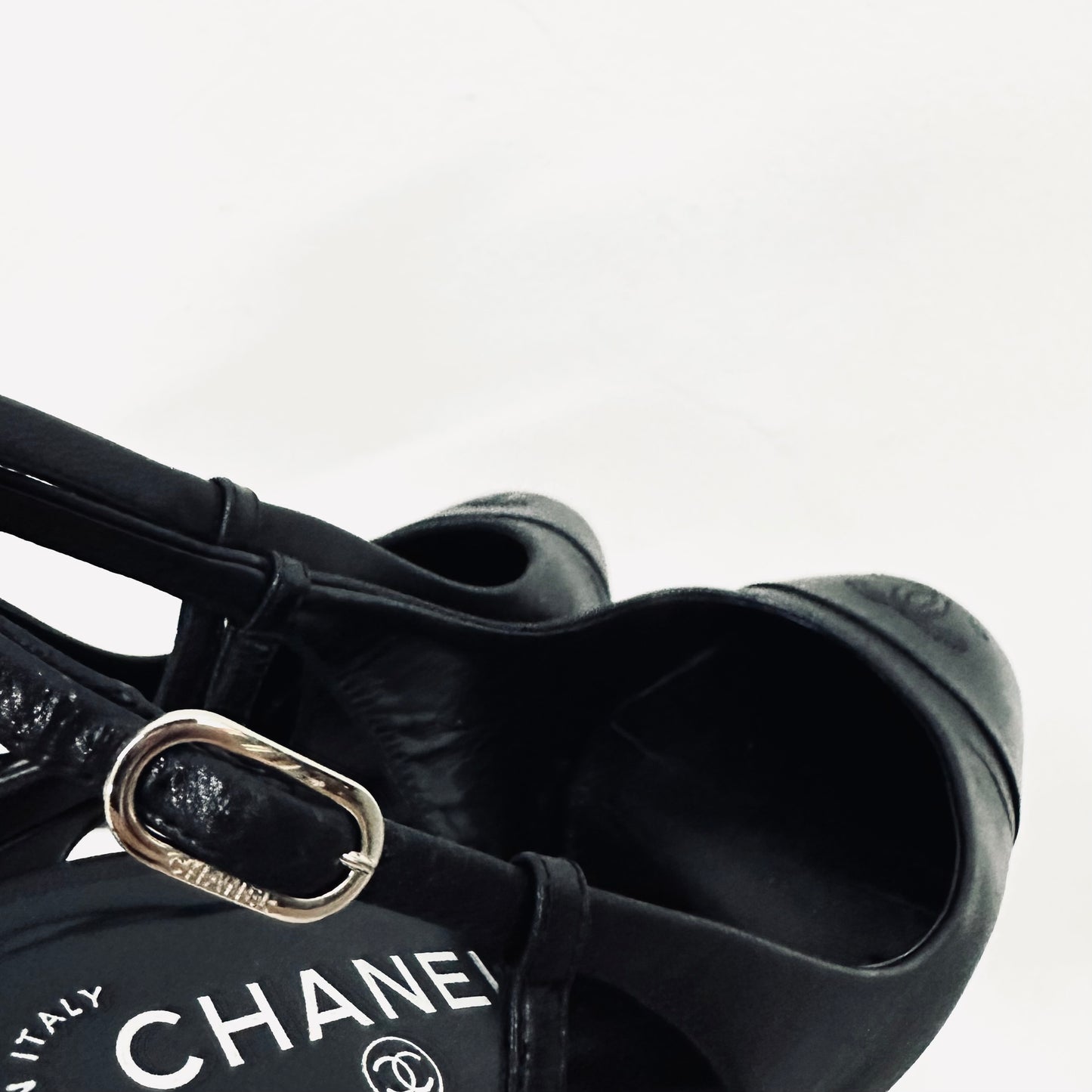 Chanel Classic Giant CC Logo Black Lambskin Leather Closed Toe Heels Slingback Pumps Shoes