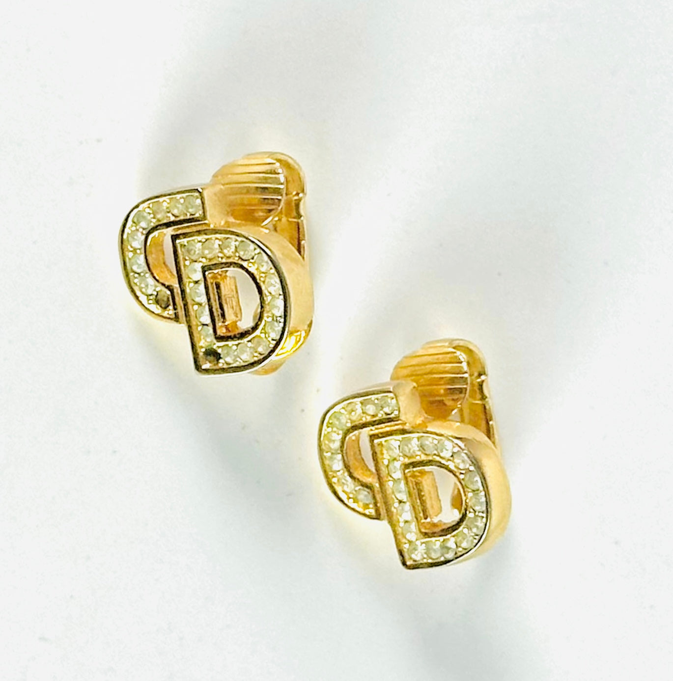 Christian Dior CD & Crystals Giant Gold Monogram Logo Signature Classic Clip On Vintage Earrings