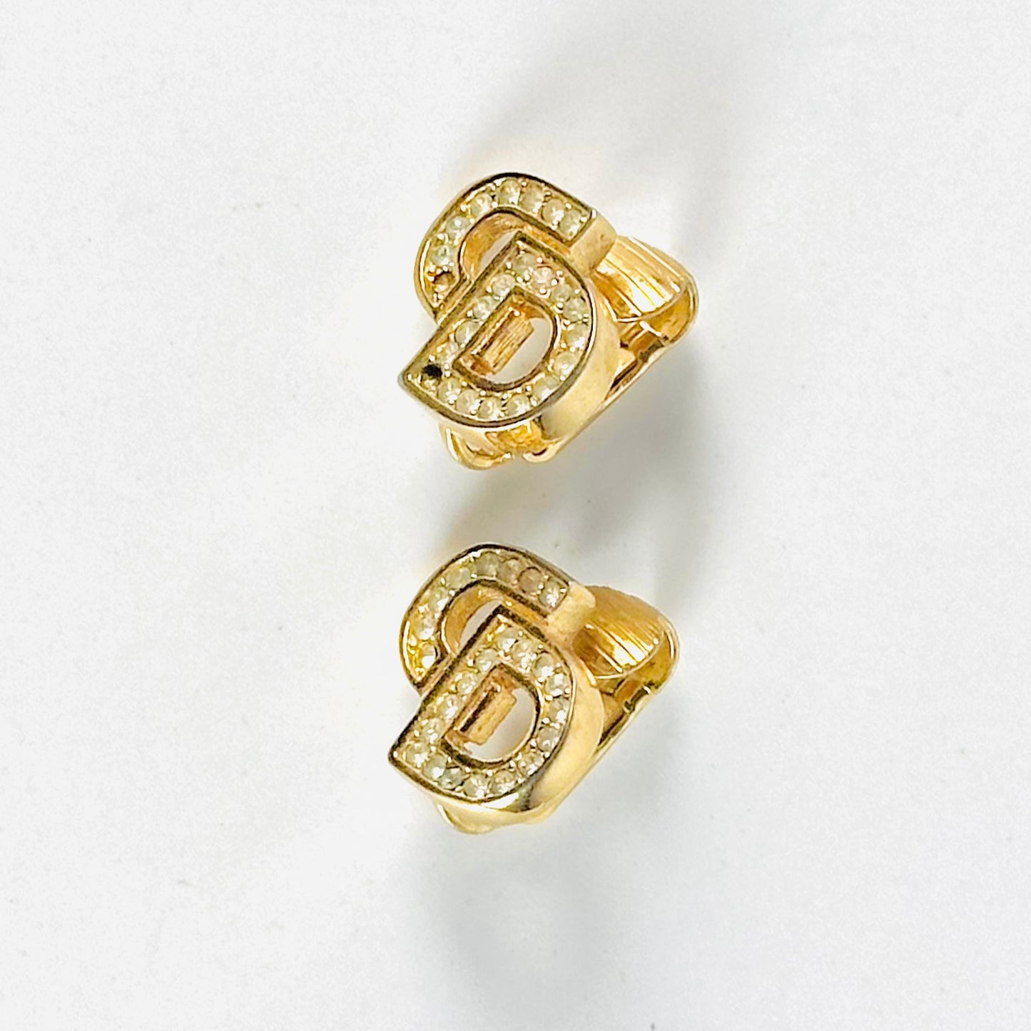 Christian Dior CD & Crystals Giant Gold Monogram Logo Signature Classic Clip On Vintage Earrings