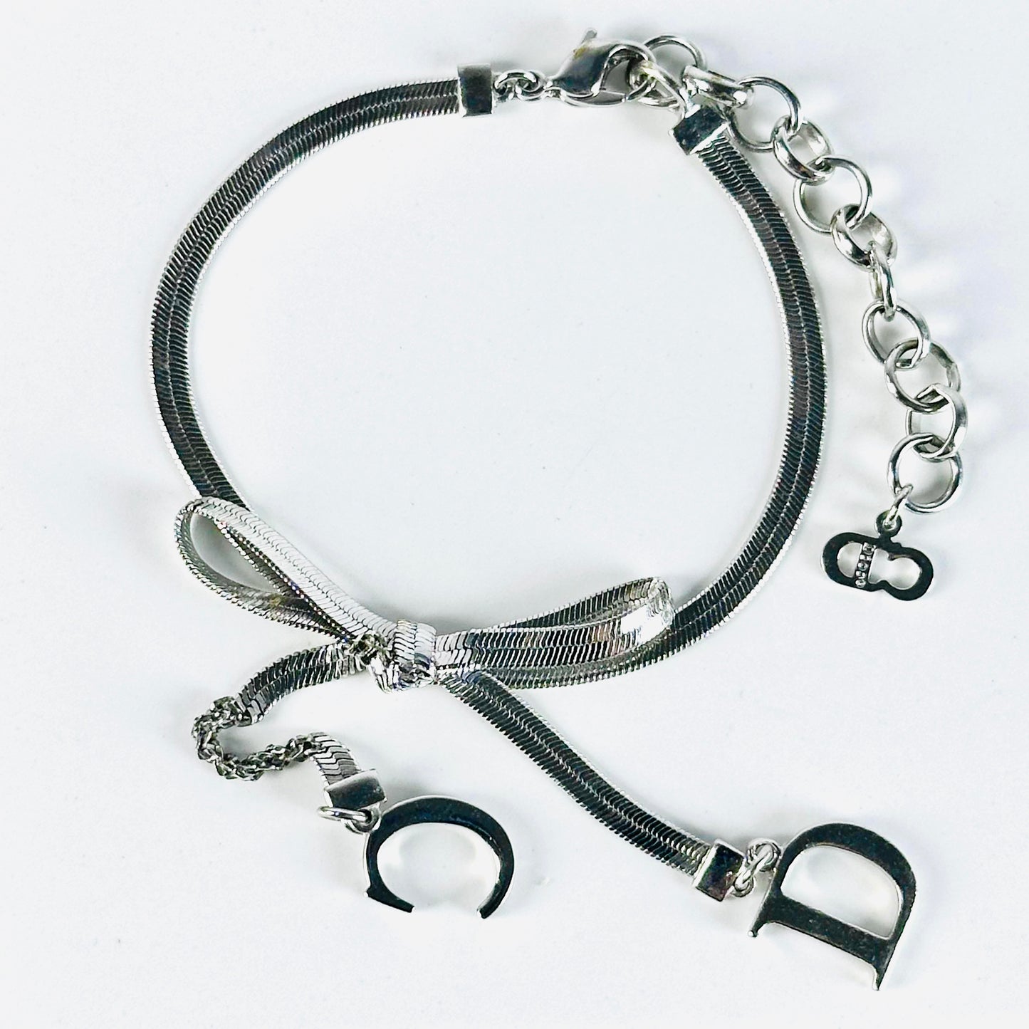 Christian Dior CD Monogram Logo Ribbon Silver Chain Vintage Bracelet