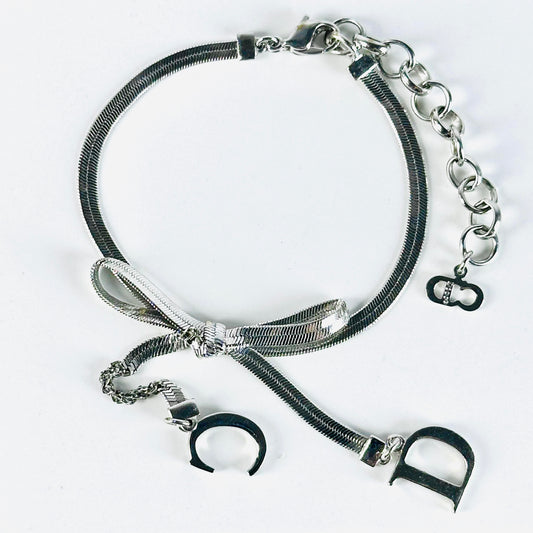 Christian Dior CD Monogram Logo Ribbon Silver Chain Vintage Bracelet