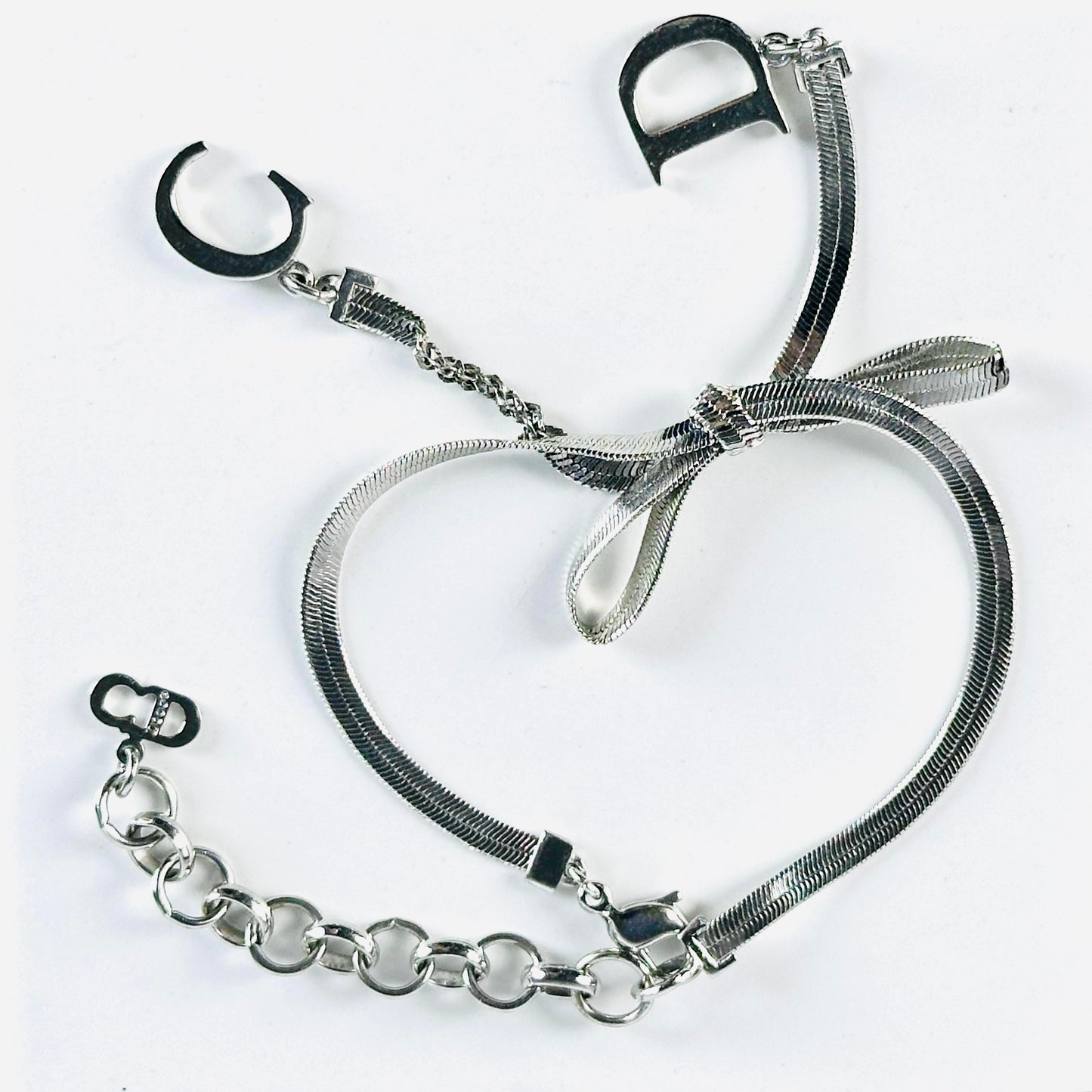 Christian Dior CD Monogram Logo Ribbon Silver Chain Vintage Bracelet