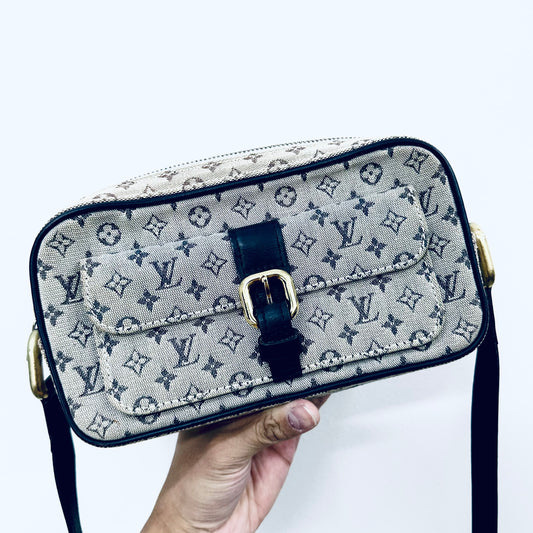 Louis Vuitton LV Juliette Blue Monogram Logo GHW Mini Lin Flap Camera Shoulder Sling Bag