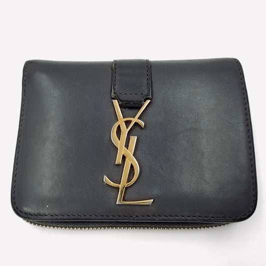 YSL Yves Saint Laurent Dark Grey / Gray GHW Cassandra Compact Flap Zippy Zip Around Wallet Calfskin Leather